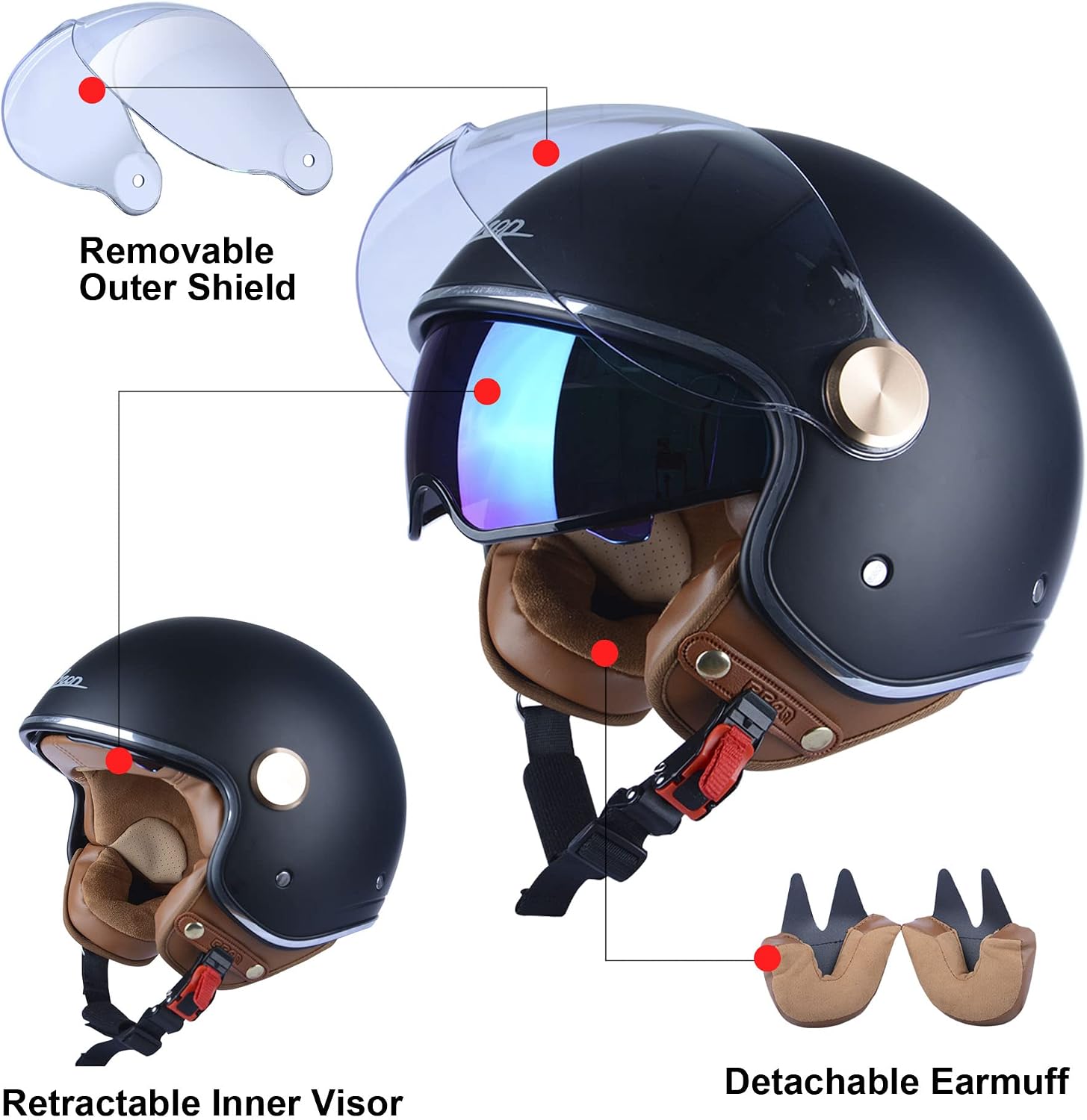 Half Face Helmet, Matte Black, Dual Visors, Quick Release Buckle - Image 4