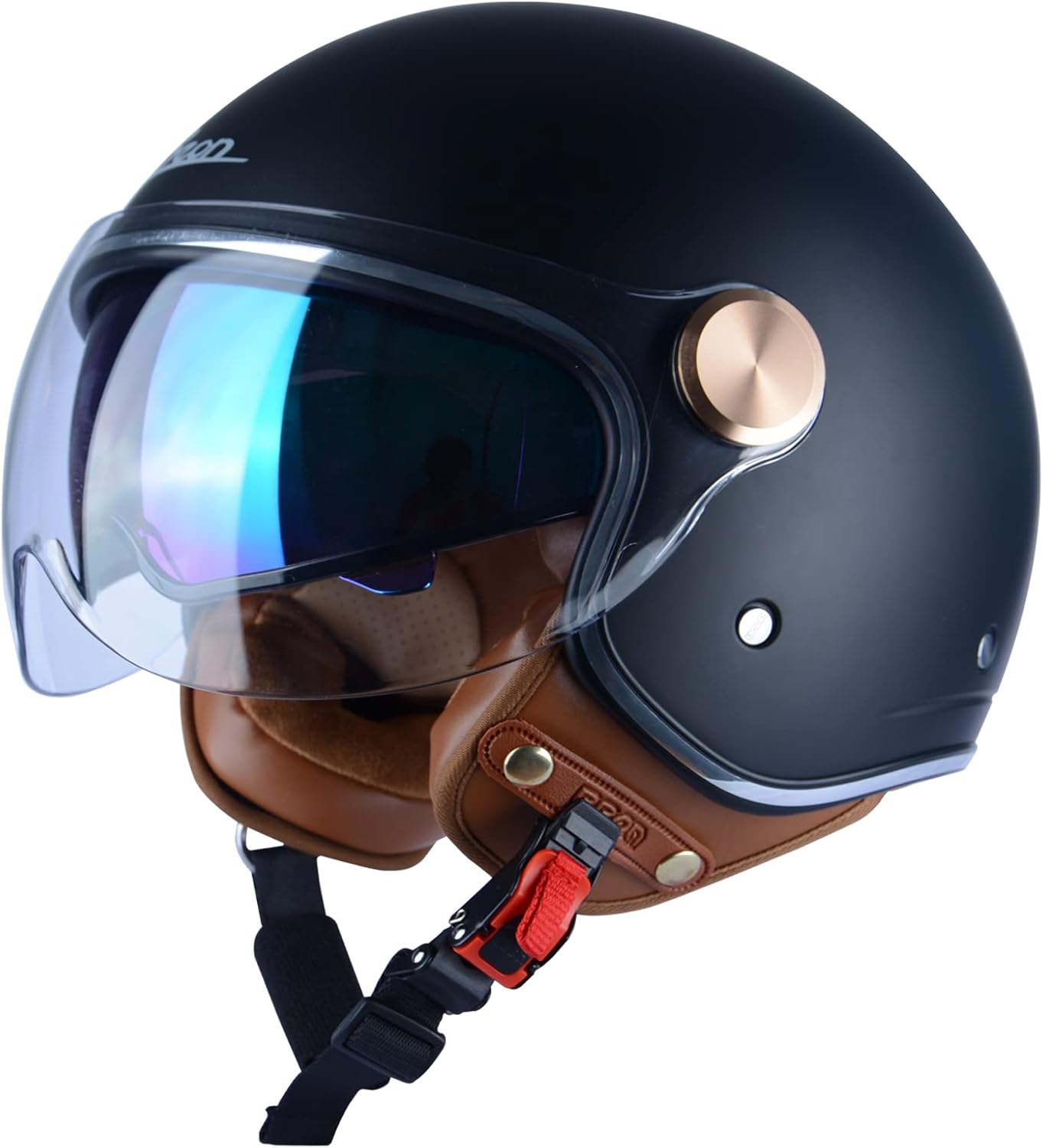 Half Face Helmet, Matte Black, Dual Visors, Quick Release Buckle