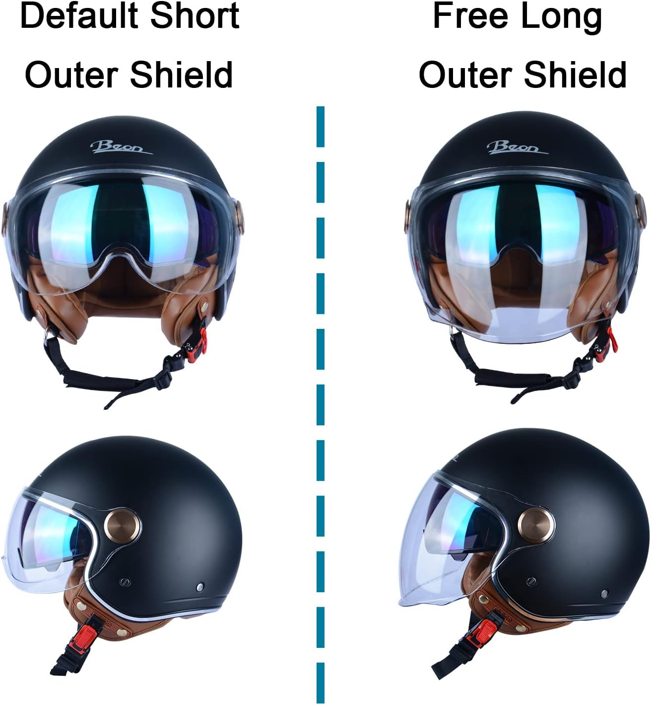 Half Face Helmet, Matte Black, Dual Visors, Quick Release Buckle - Image 3