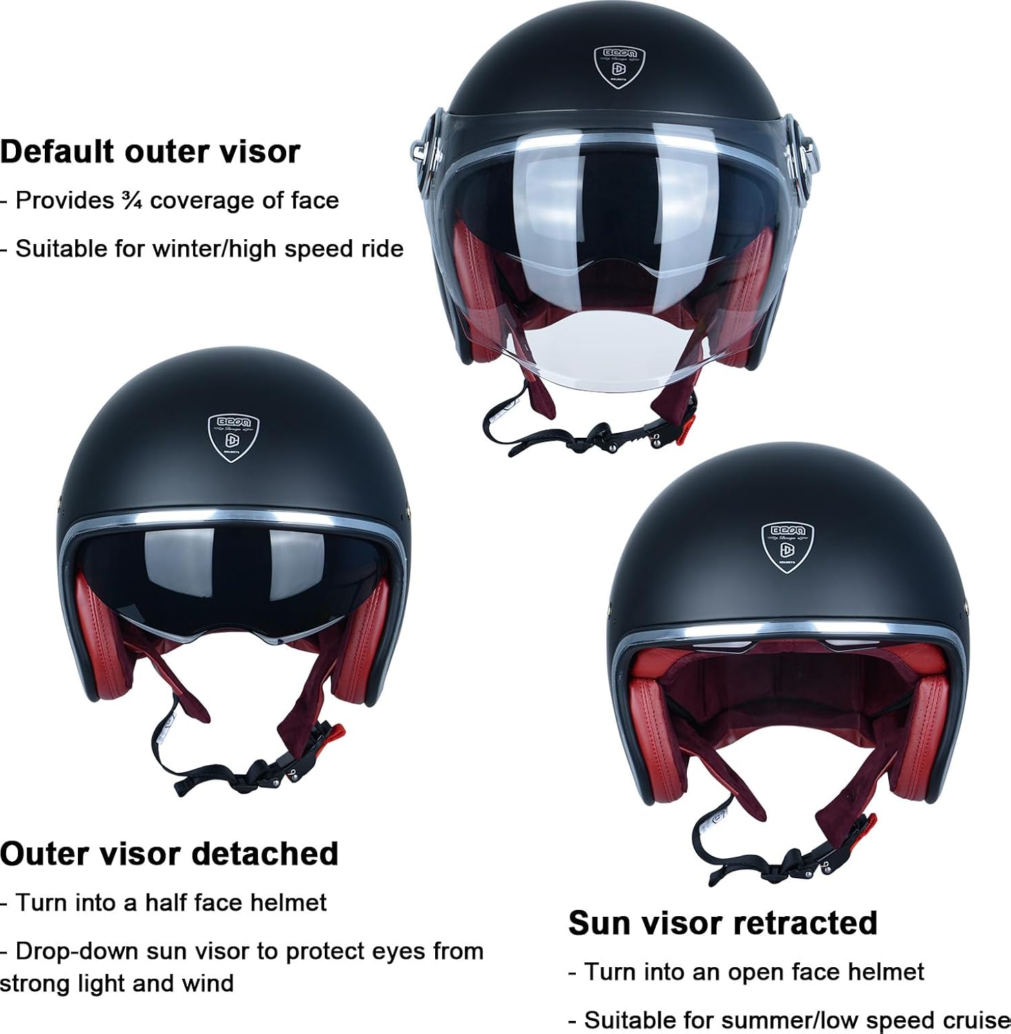 Adult Open Face Helmet, Dual Visors, Matte Black Finish - Image 3
